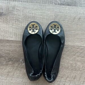 Tory Burch Black Flats with Gold Emblem